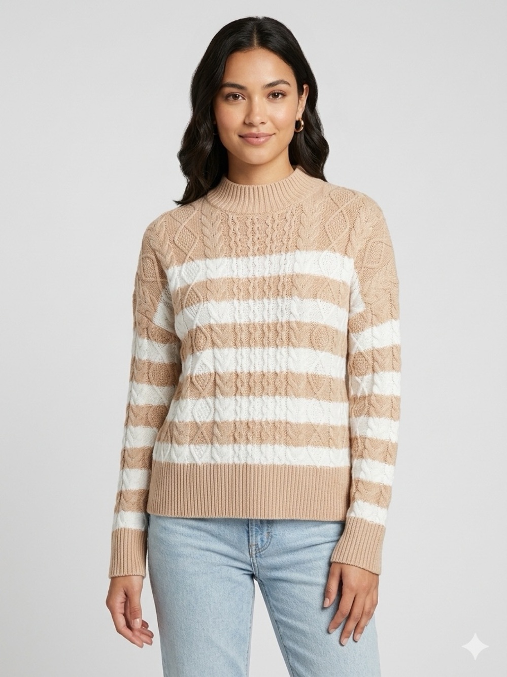 Tahari Tan and White Striped Mock neck Cable Knit Sweater Size Medium